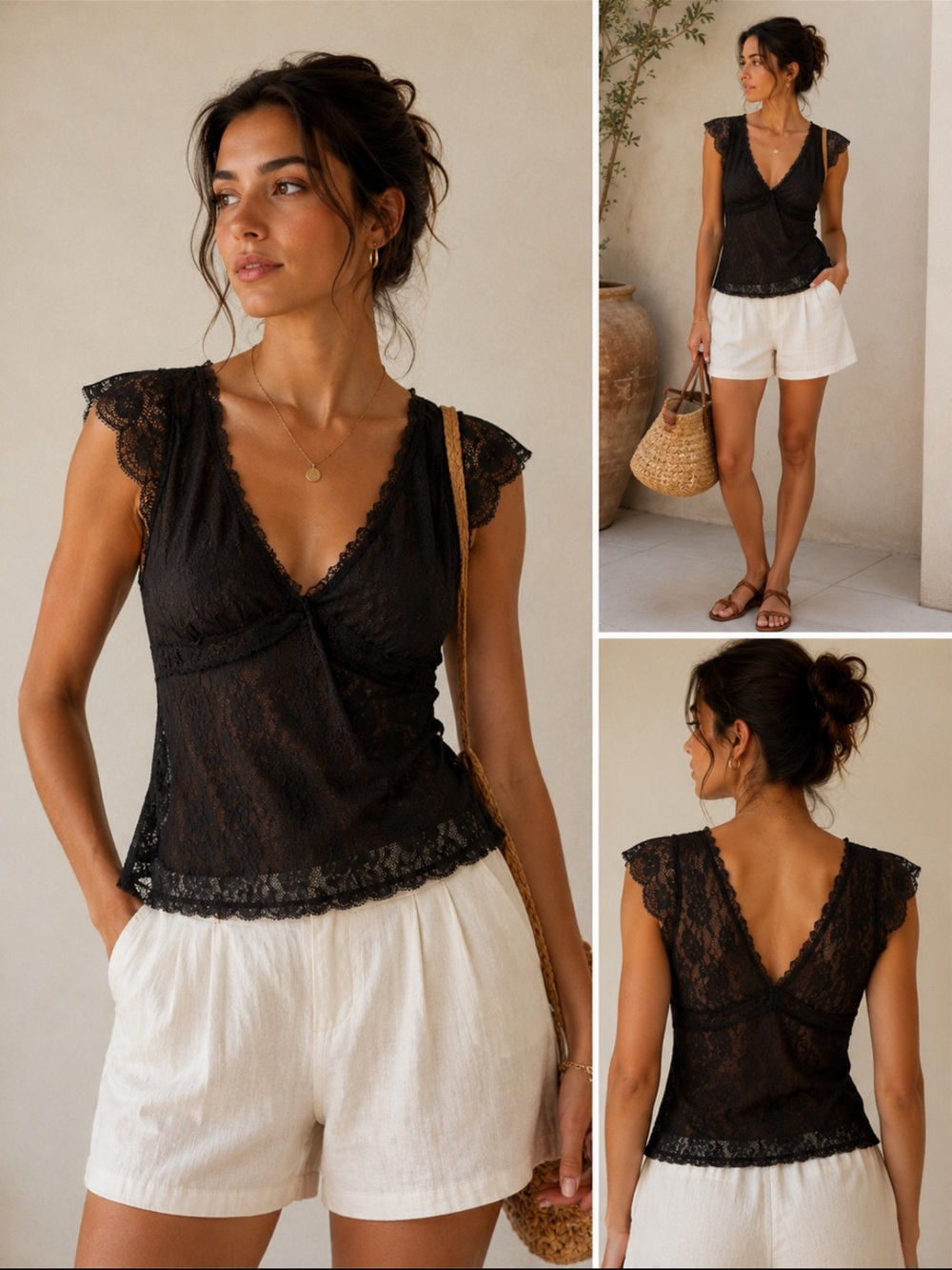 NOBO Black Lace V-Neck Short Sleeve Top